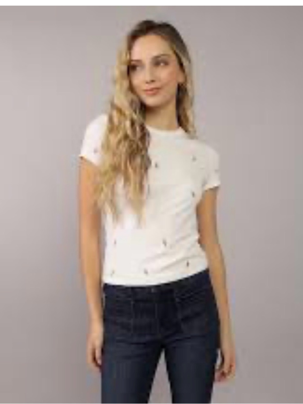 American Eagle Outfitters Cream Short-Sleeve Tee with Tiny Embroidery
